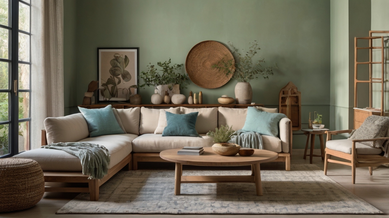 Pièce de vie moderne et lumineuse avec canapé confortable, table basse et décor minimaliste.