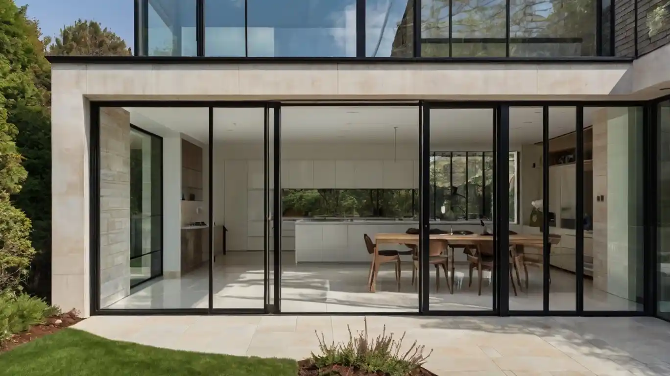 Porte-fenêtre moderne en bois, ouverte sur un jardin verdoyant, laissant entrer la lumière naturelle.