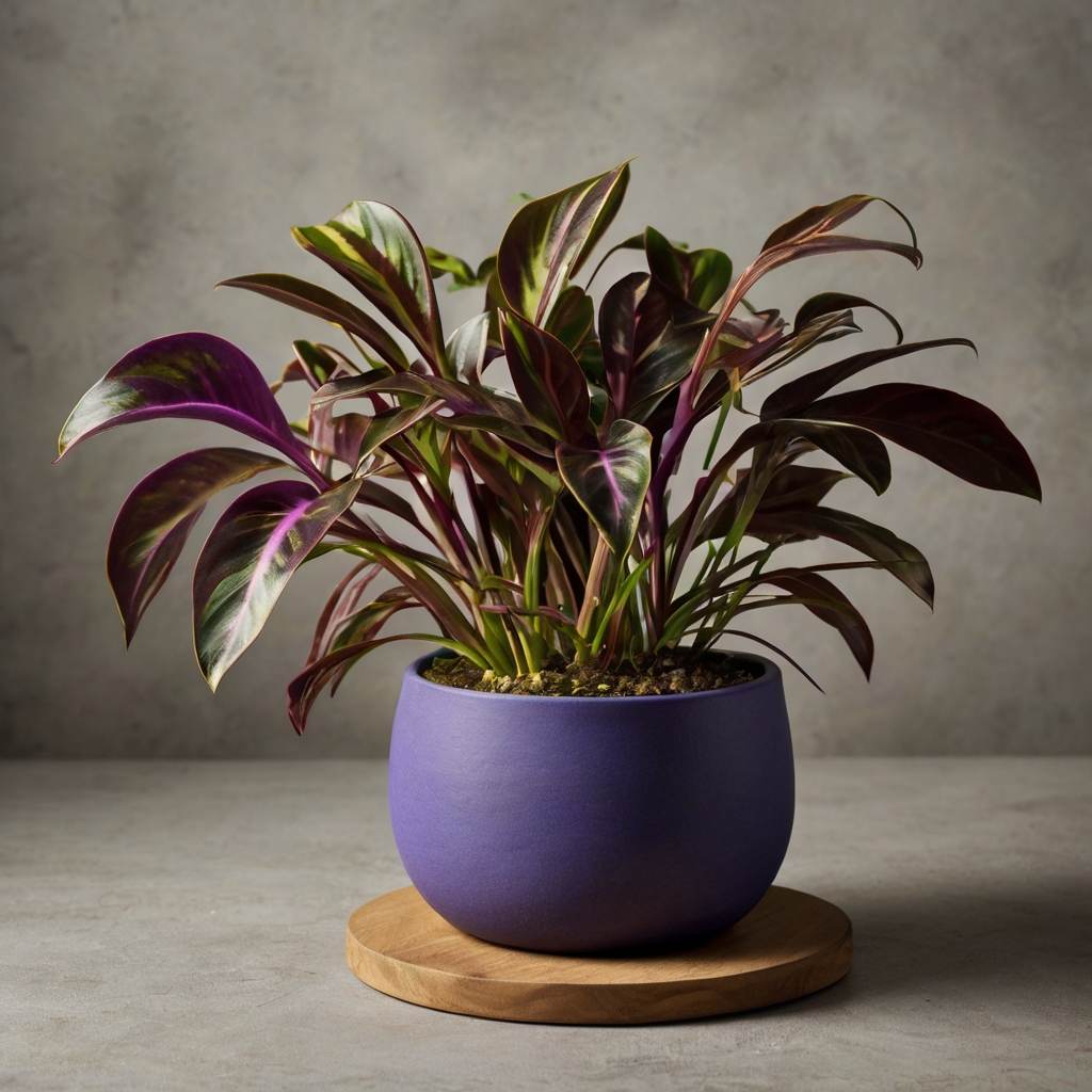 Plante de la misère avec des feuilles violettes et vertes, suspendue dans un panier.