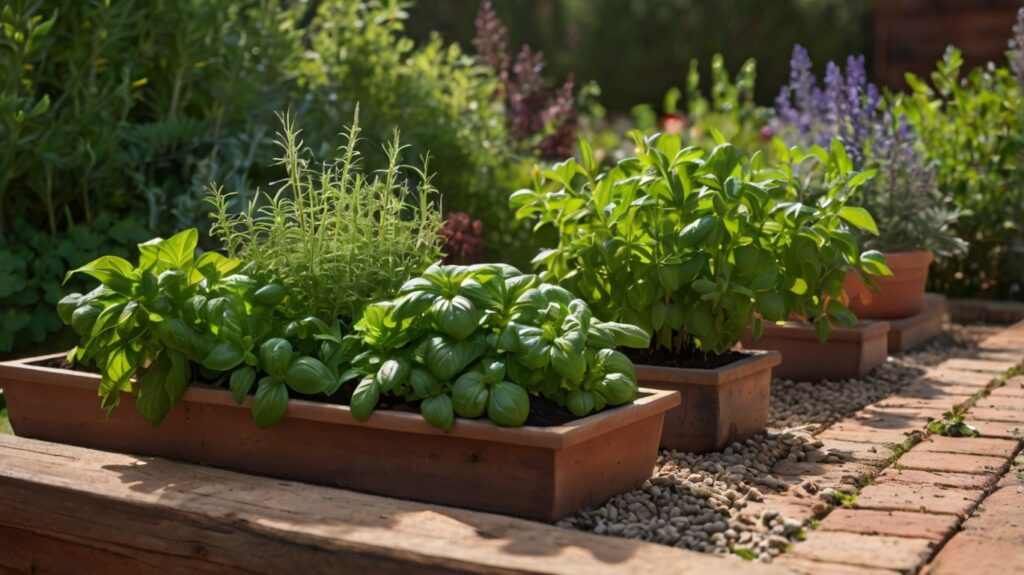 Plantes aromatiques dans un jardin, avec du persil, de la coriandre et de la menthe en pleine croissance.Les plantes aromatiques