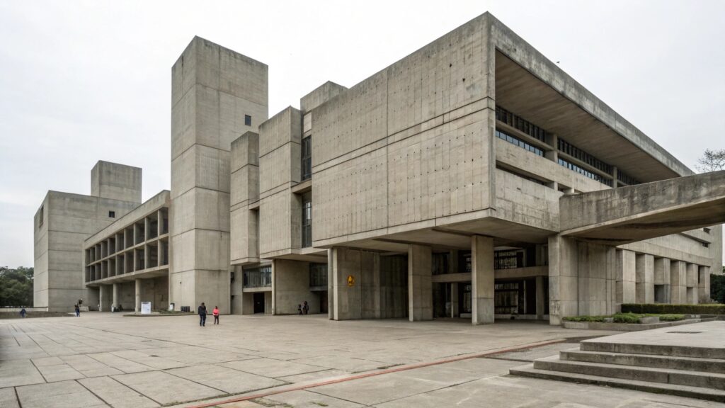 Un bâtiment Bauhaus illuminé la nuit, mettant en valeur ses lignes épurées.