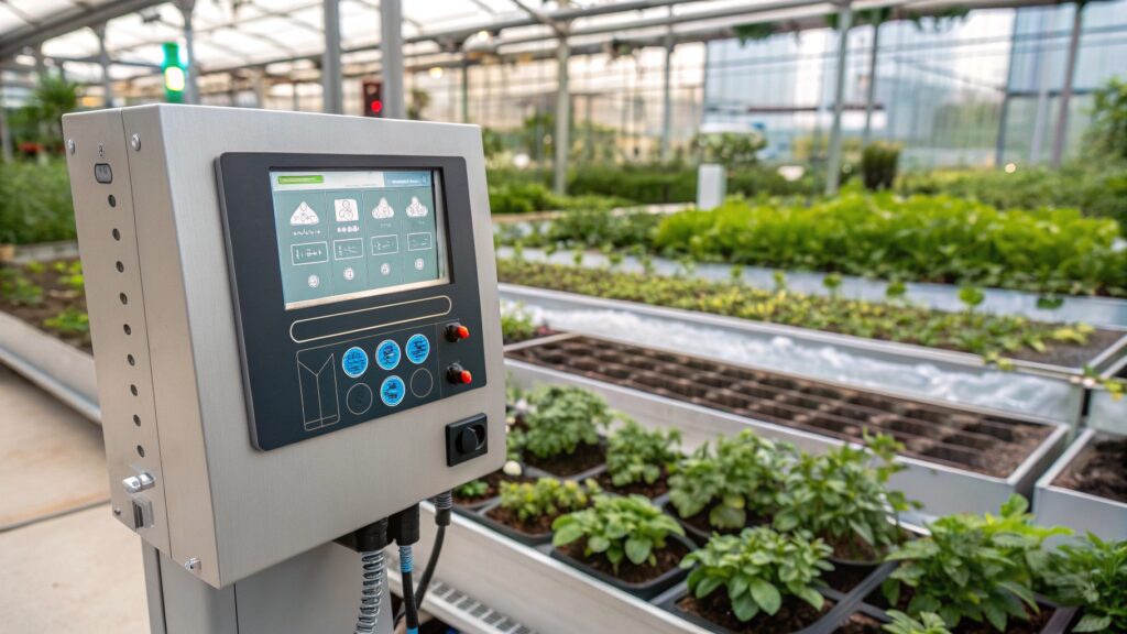 Une serre moderne avec des plantes cultivées en hydroponie, suspendues dans des tubes remplis de nutriments.hydroponique