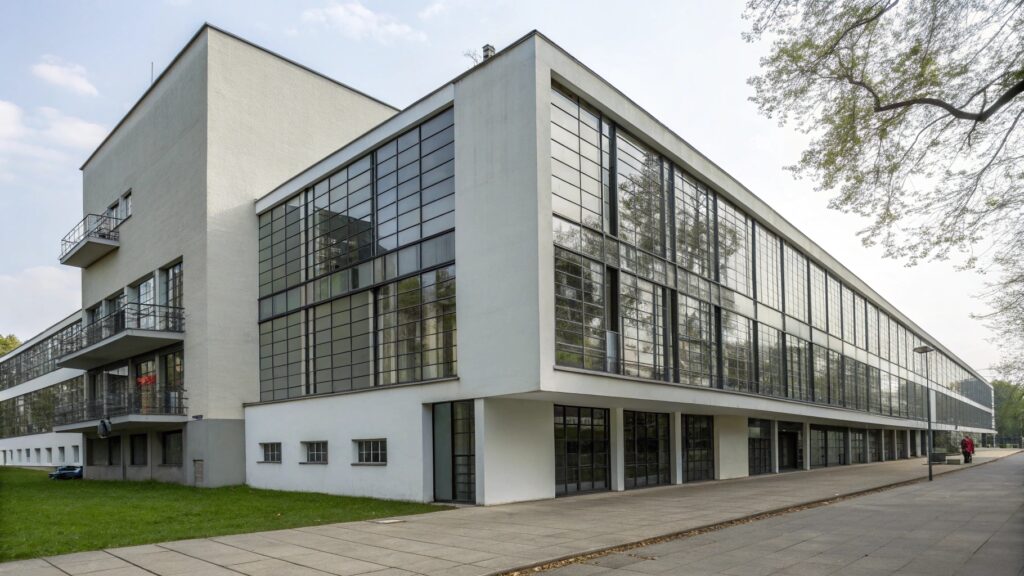 Une pièce intérieure avec des meubles Bauhaus minimalistes et des couleurs primaires.