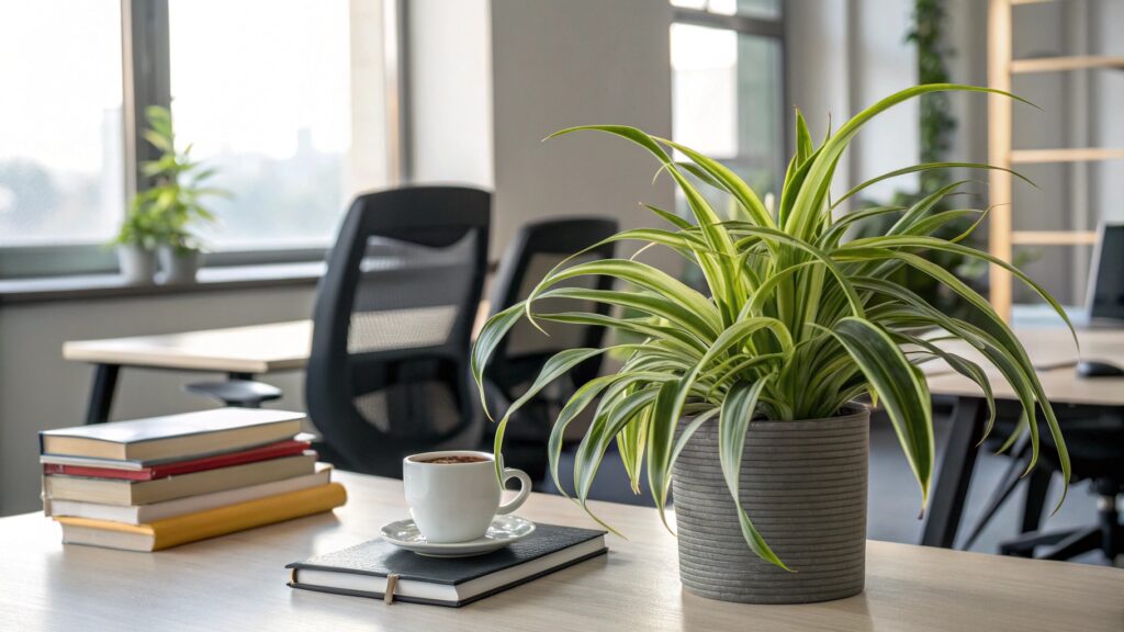Une plante araignée avec un arrosage en cours.
